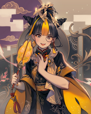 Anime girl with yellow accents and fan