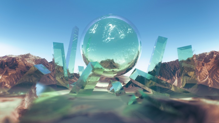 3D Sphere and Crystals in Desert Mountains