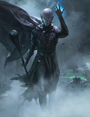 Dark Elf sorcerer with staff and glowing magic