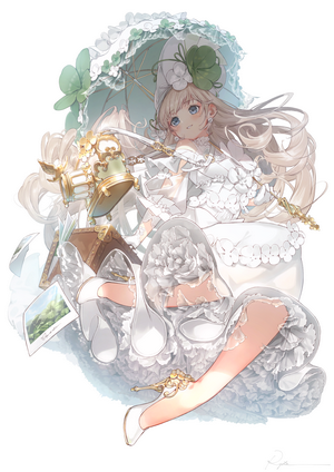 Anime girl in white dress with parasol and luggage