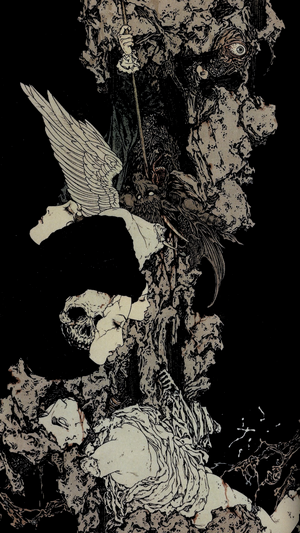 Abstract artwork with skulls and wings