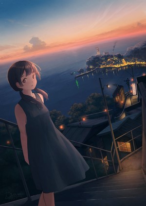 Anime girl on stairs overlooking a town at sunset