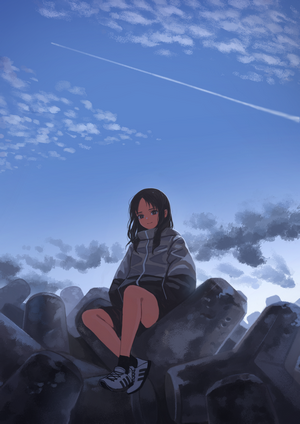 Anime girl sitting on tetrapods under a cloudy sky