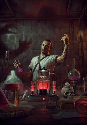 Scientist with brain in a jar and laboratory equipment