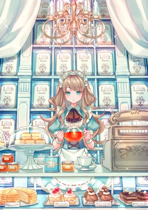 Anime girl in a tea shop with cakes and tea