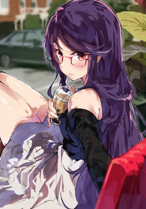 Anime girl with purple hair and glasses drinking bubble tea
