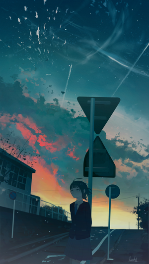 Anime girl in school uniform by the road at sunset