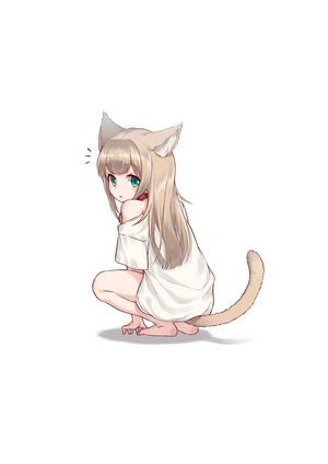 Anime cat girl squatting in a white shirt