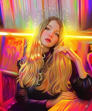 Woman with long blonde hair in a colorful setting