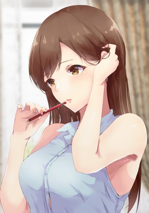 Anime girl with brown hair holding a pencil