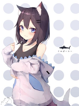 Anime girl with cat ears and shark hoodie