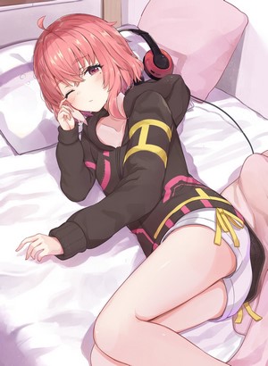 Anime girl with pink hair wearing headphones and hoodie