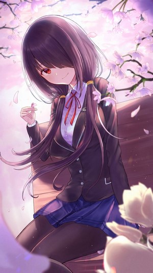 Anime girl with dark hair and red eyes under cherry blossoms