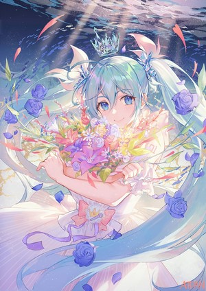 Hatsune Miku from Vocaloid holding a bouquet of flowers