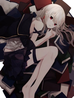 Anime girl with white hair and red eyes lying on books