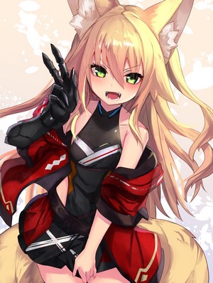 Anime girl with fox ears and tail making peace sign