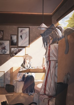 Anime girls in a cafe with sunlight