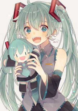 Hatsune Miku holding a plush toy