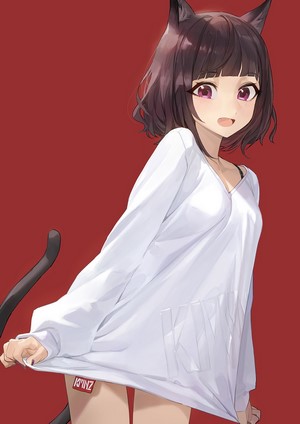 Anime cat girl with short brown hair and purple eyes
