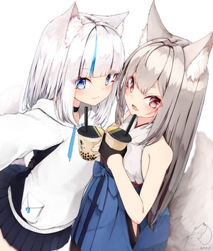 Two anime girls with fox ears drinking bubble tea