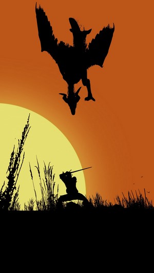 Geralt from The Witcher 3 fighting a dragon at sunset