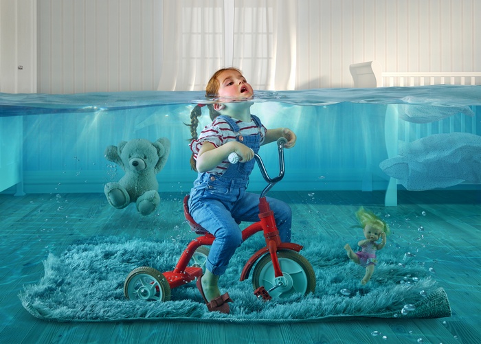 4K Underwater Toddler on Tricycle with Toys