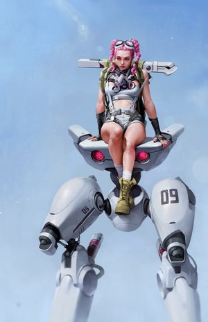 Girl with pink hair on a robot