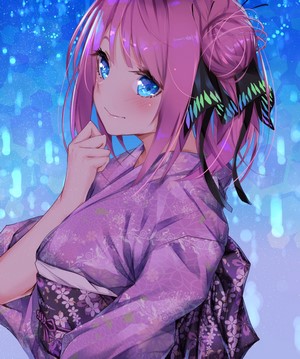 Nino Nakano in a purple yukata with butterfly hair accessory