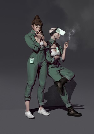 Two women in green jumpsuits smoking