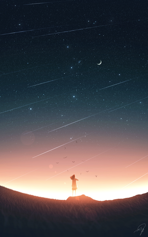 Girl watching meteor shower and crescent moon