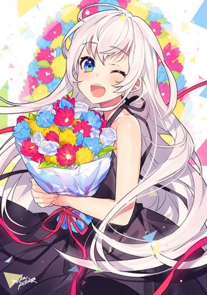 Anime girl with white hair holding a bouquet