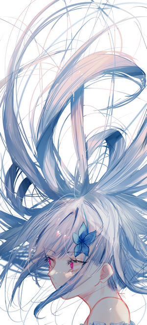 Anime girl with flowing blue hair and pink eyes