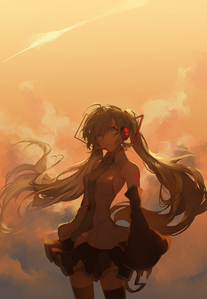 Hatsune Miku from Vocaloid in the clouds at sunset