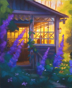 Artwork of a house with lavender flowers