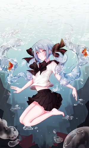 Anime girl with blue hair and goldfish in water