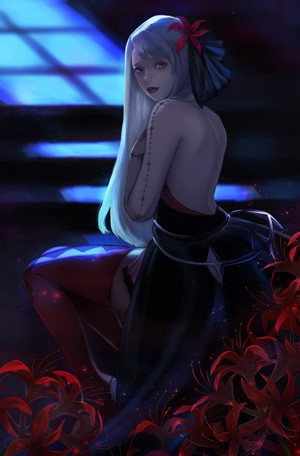Anime girl with white hair and red flowers