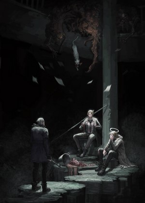 Three men and a creature in a dark setting