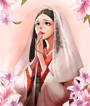 Anime girl with veil and rosary surrounded by lilies