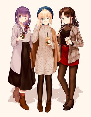 Three anime girls from Fate Series holding coffee