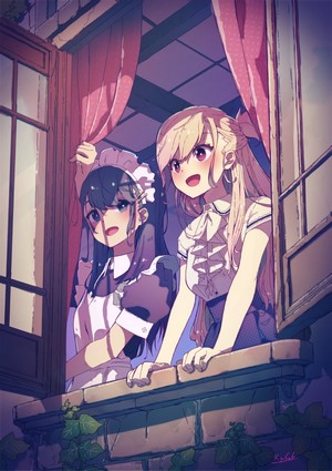 Two anime girls looking out a window