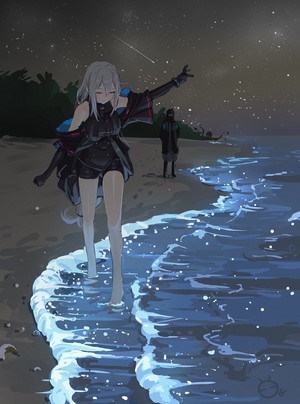 Skadi and Doctor from Arknights on a beach at night