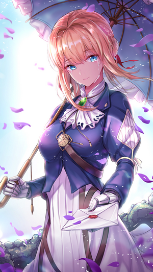 Violet Evergarden holding an umbrella and a letter