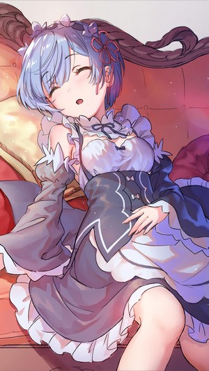 Rem from Re:Zero sleeping on a couch