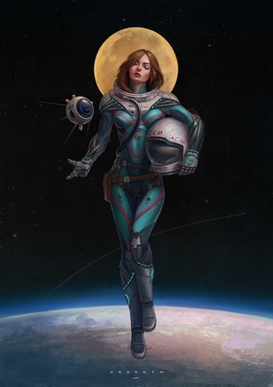 Astronaut woman in futuristic suit with Sputnik and Earth