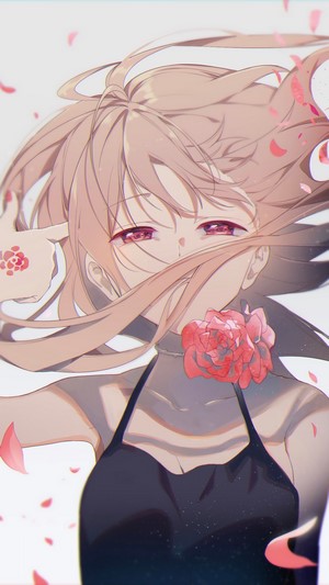 Anime girl with pink hair and red eyes holding a rose