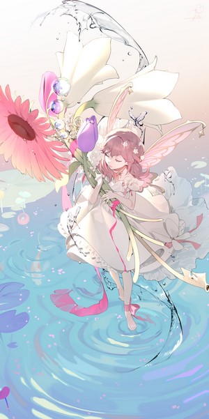 Anime girl with flowers in water