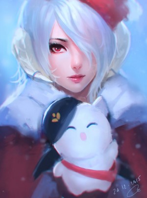 Anime girl with white hair holding a cat plush
