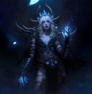 Fantasy art of a woman with horns and glowing hands
