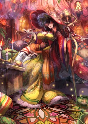 Anime girl in ornate room with staff