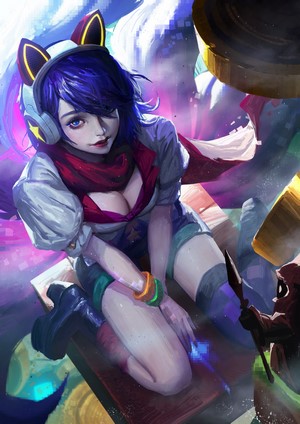 Ahri from League of Legends with headphones